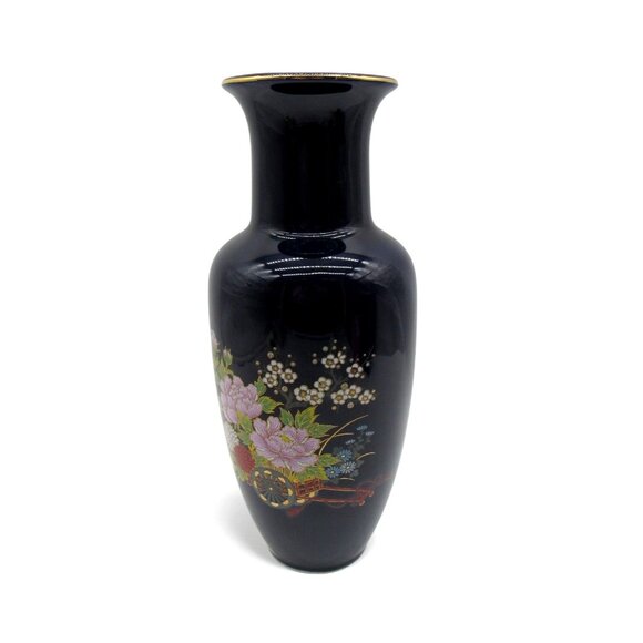 Vintage JAPANESE Cobalt Blue Ceramic VASE with Flowers And Gold Accent 12" Tall - Picture 6 of 11